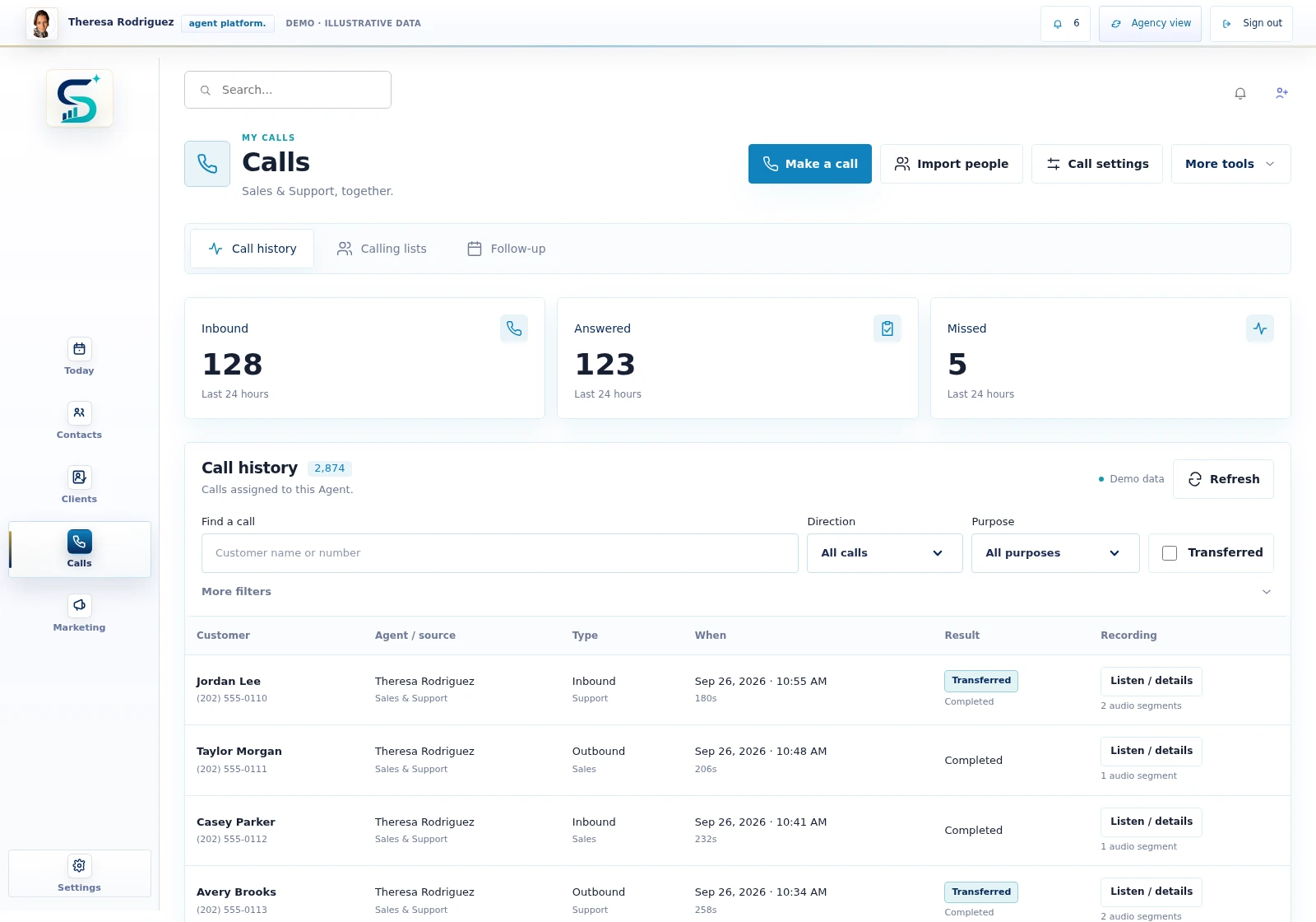 SyncTrix Calls product preview. Illustrative data.